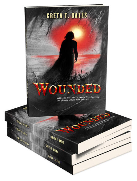 &#39;Wounded&#39; Book cover illustration for Greta T. Bates, typography by World Castle Publishing.